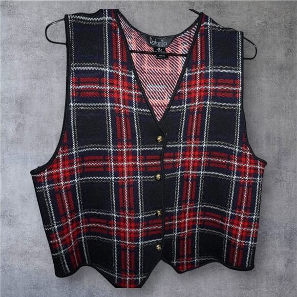 Rafaella Petites Red Navy Plaid Wool Blend Vest - Size M - Button Front Vintage - Picture 1 of 6